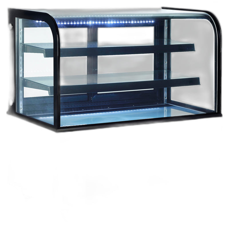 Omcan 48" Dry Bakery & Pastry Merchandiser Display Case with 2 Shelves with Curved Front Glass and Rear Sliding Doors With LED Lighting – 14.1 Cu. Ft. (400L)
