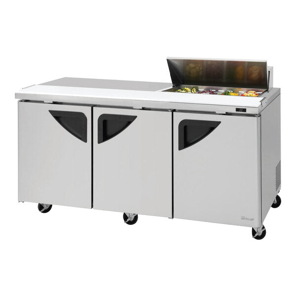 Turbo Air Super Deluxe TST-72SD-08S-N-LW 72" 3 Door Refrigerated Sandwich Prep Table with Left Work Station - Donut-Equipment.com