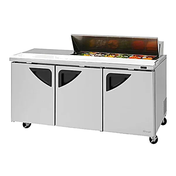 Turbo Air Super Deluxe TST-72SD-12S-N-LW 72" 3 Door Refrigerated Sandwich Prep Table with Left Work Station - Donut-Equipment.com