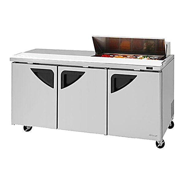 Turbo Air Super Deluxe TST-72SD-10S-N-LW 72" 3 Door Refrigerated Sandwich Prep Table with Left Work Station - Donut-Equipment.com