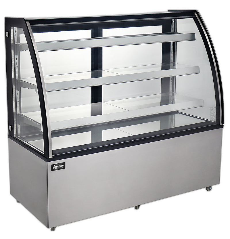 Omcan 72″ Curved Glass Floor Refrigerated Display Case – 22.95 Cu. Ft. (650L), Three-Shelf Stainless Steel Bakery & Merchandising Display Cooler