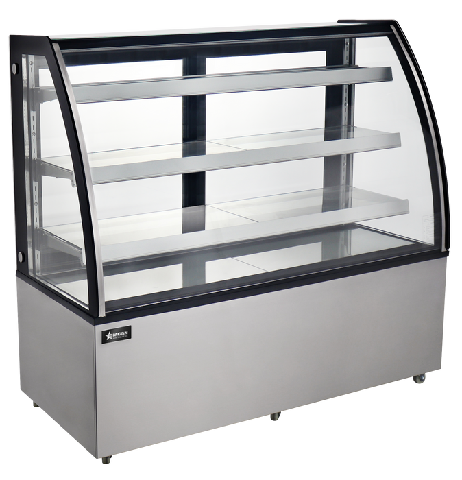 Omcan 72″ Curved Glass Floor Refrigerated Display Case – 22.95 Cu. Ft. (650L), Three-Shelf Stainless Steel Bakery & Merchandising Display Cooler