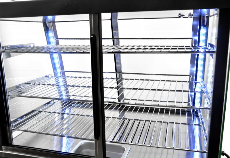 Omcan 26″ Countertop Display Warmer – 3.3 Cu. Ft. (96L), 3-Shelf Self-Service & Full-Service Heated Merchandiser Display Case with Sliding Front & Rear Doors