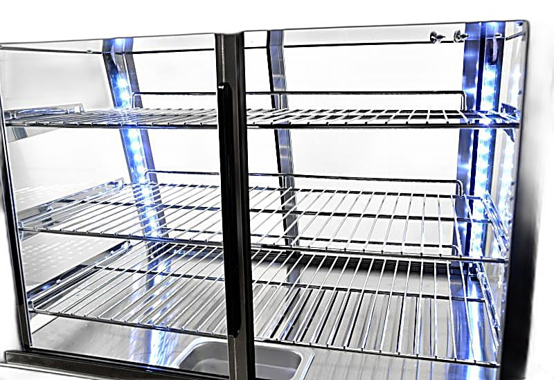 Omcan 26″ Countertop Display Warmer – 3.3 Cu. Ft. (96L), 3-Shelf Self-Service & Full-Service Heated Merchandiser Display Case with Sliding Front & Rear Doors