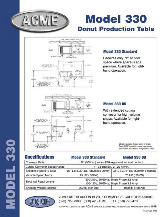 ACME 330DD Laminadora de producción de donuts (120 V) Producción de derecha a izquierda Producción 96"