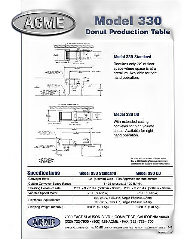 ACME 330DD Donut Production Sheeter (120V) Right To Left Production Production 96" Bakery Wholesalers