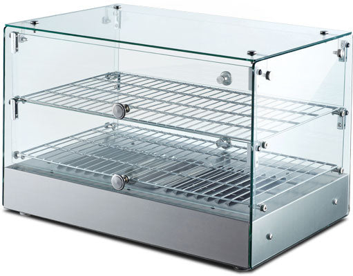 Omcan 22″ Countertop Display Warmer with Square Glass Front – 1.7 Cu. Ft. (50L) Two-Shelf Self-Service & Full-Service Heated Merchandiser Display Case