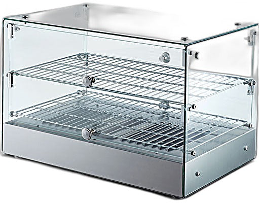 Omcan 22″ Countertop Display Warmer with Square Glass Front – 1.7 Cu. Ft. (50L) Two-Shelf Self-Service & Full-Service Heated Merchandiser Display Case