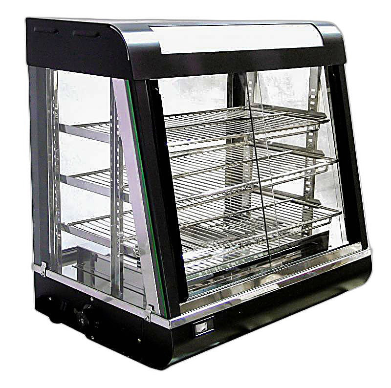 Omcan 27″ Countertop Display Warmer – 3-Shelf Heated Merchandiser Display Case with Sliding Doors, Self-Service & Full-Service Design, 1340W