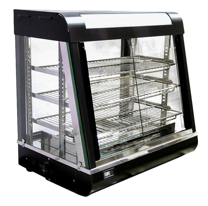 Omcan 27″ Countertop Display Warmer – 3-Shelf Heated Merchandiser Display Case with Sliding Doors, Self-Service & Full-Service Design, 1340W