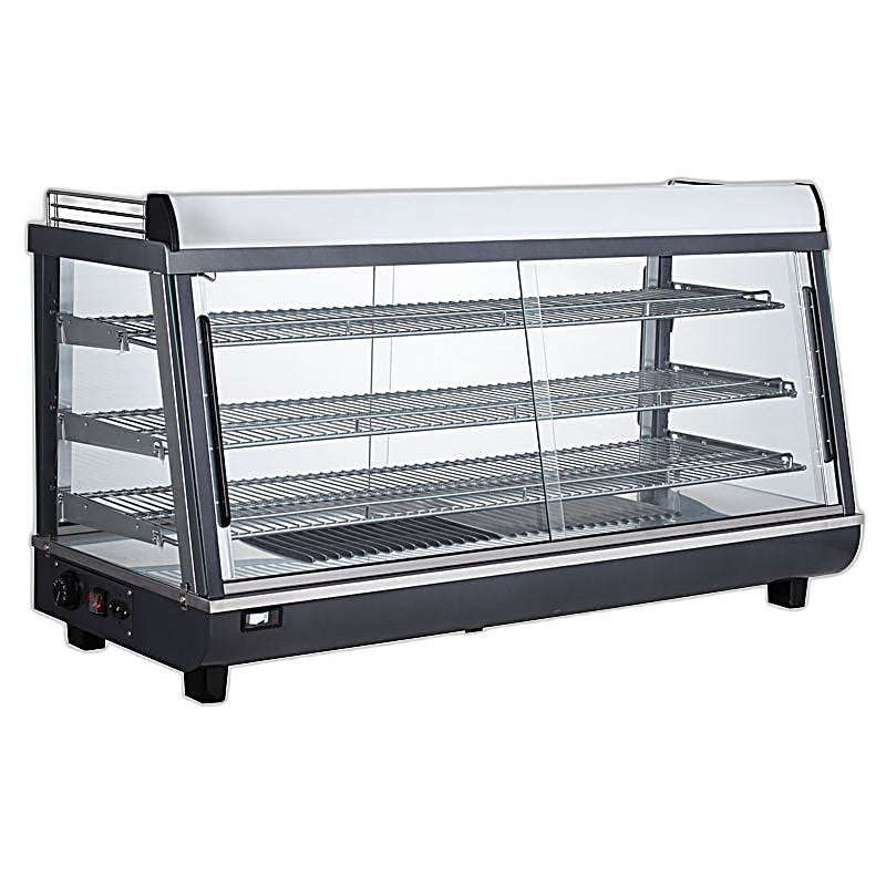 Omcan 47″ Countertop Display Warmer – 6.5 Cu. Ft. (186L), 3-Shelf Self-Service & Full-Service Heated Merchandiser Display Case with Sliding Doors
