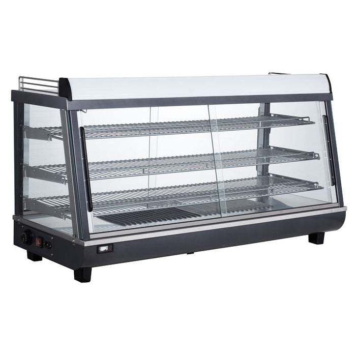 Omcan 47″ Countertop Display Warmer – 6.5 Cu. Ft. (186L), 3-Shelf Self-Service & Full-Service Heated Merchandiser Display Case with Sliding Doors