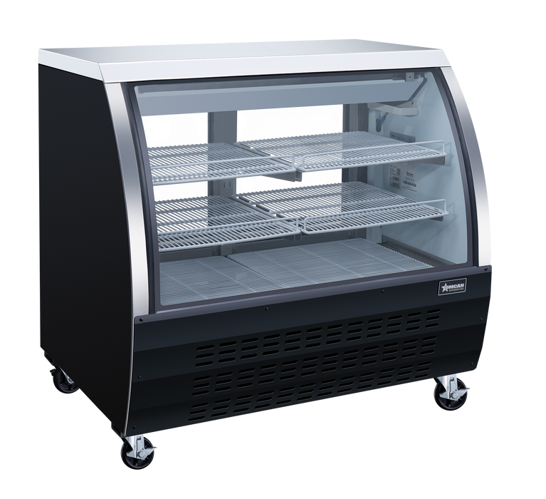 Omcan 47″ Floor Refrigerated Display Case – 18 Cu. Ft. (508L), Two-Shelf Black Bakery & Merchandising Display Cooler