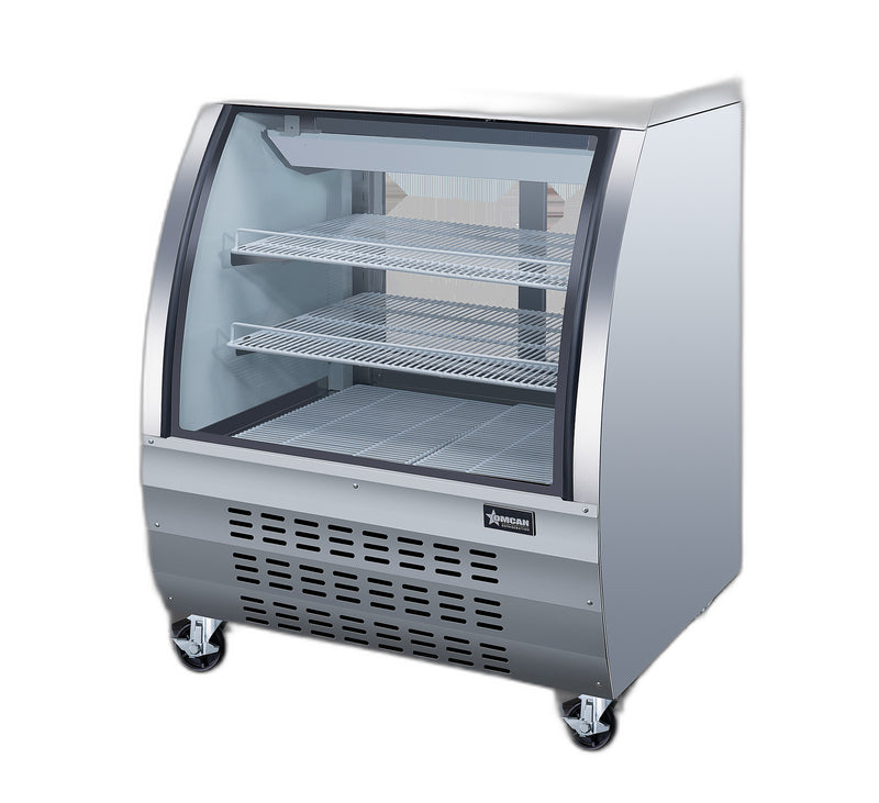 Omcan 36″ Floor Refrigerated Display Case – 11.6 Cu. Ft. (328L), Two-Shelf Stainless Steel Bakery & Merchandising Display Cooler