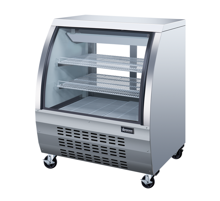 Omcan 36″ Floor Refrigerated Display Case – 11.6 Cu. Ft. (328L), Two-Shelf Stainless Steel Bakery & Merchandising Display Cooler