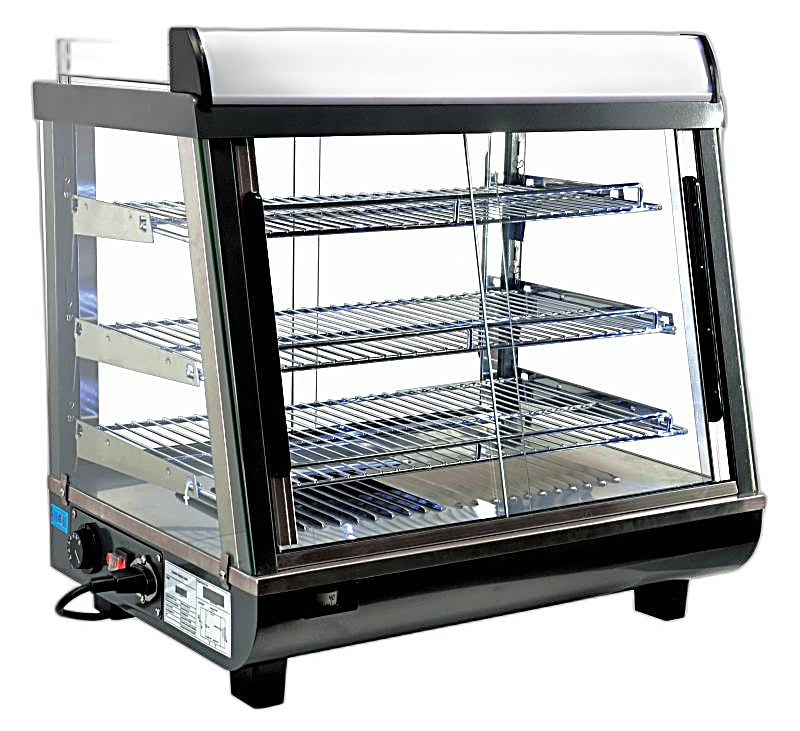 Omcan 26″ Countertop Display Warmer – 3.3 Cu. Ft. (96L), 3-Shelf Self-Service & Full-Service Heated Merchandiser Display Case with Sliding Front & Rear Doors