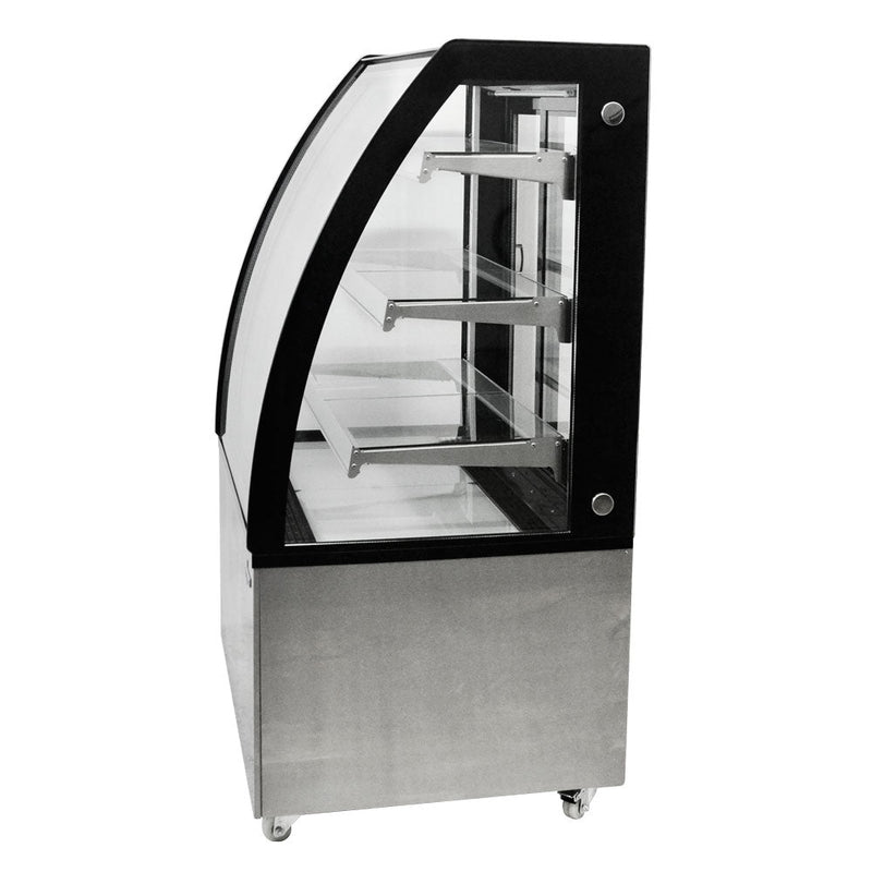 Omcan 36″ Curved Glass Floor Refrigerated Display Showcase – 10.95 Cu. Ft. (310L), Three-Shelf Stainless Steel Bakery & Merchandising Display Cooler