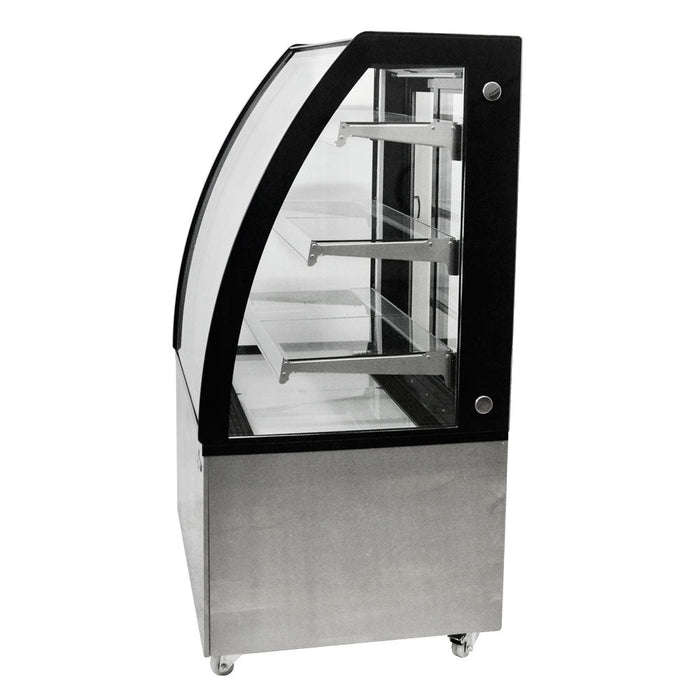 Omcan 36″ Curved Glass Floor Refrigerated Display Showcase – 10.95 Cu. Ft. (310L), Three-Shelf Stainless Steel Bakery & Merchandising Display Cooler