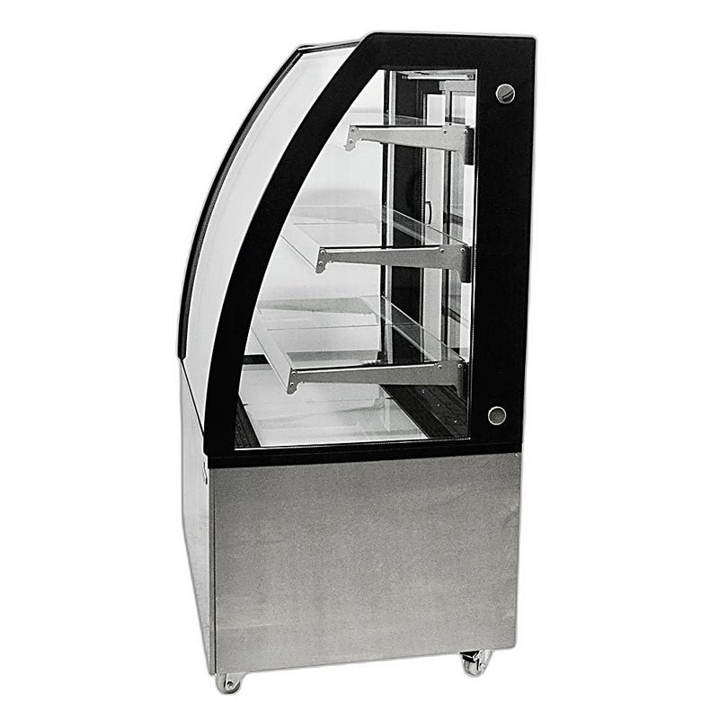 Omcan 36″ Curved Glass Floor Refrigerated Display Showcase – 10.95 Cu. Ft. (310L), Three-Shelf Stainless Steel Bakery & Merchandising Display Cooler
