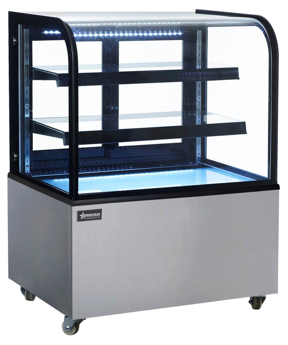 Omcan 36" Dry Bakery & Pastry Merchandiser Display Case with 2 Shelves with Curved Front Glass and Rear Sliding Doors With LED Lighting  – 10.4 Cu. Ft. (295L)