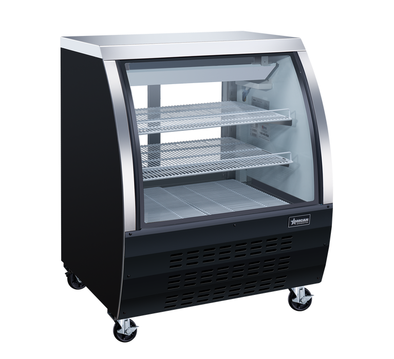 Omcan 36″ Floor Refrigerated Display Case – 11.6 Cu. Ft. (328L), Two-Shelf Black Bakery & Merchandising Display Cooler
