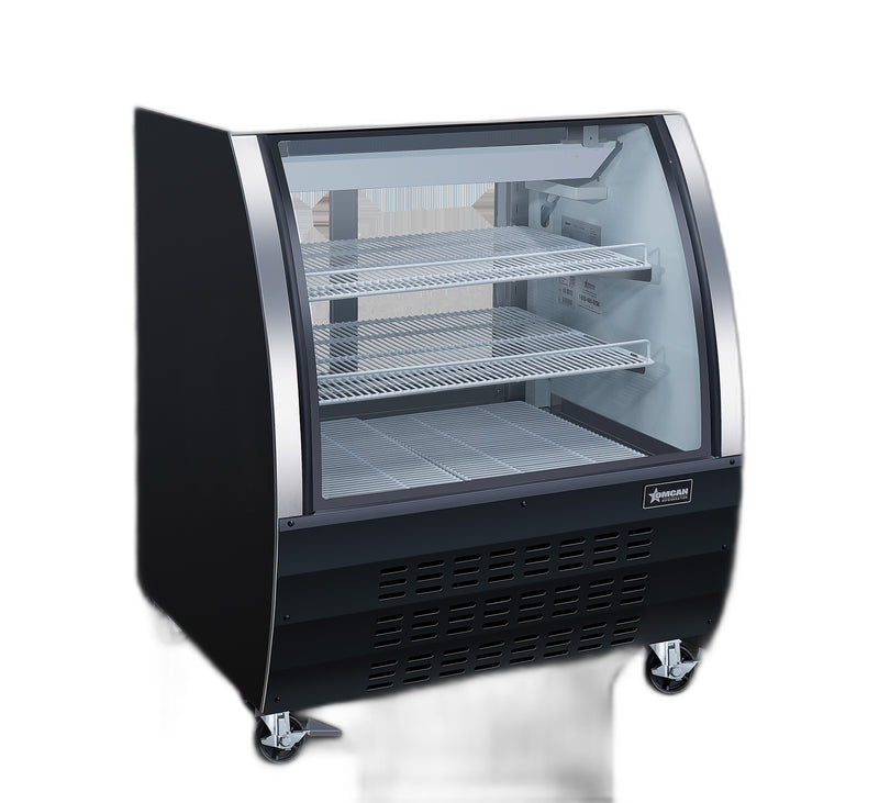 Omcan 36″ Floor Refrigerated Display Case – 11.6 Cu. Ft. (328L), Two-Shelf Black Bakery & Merchandising Display Cooler