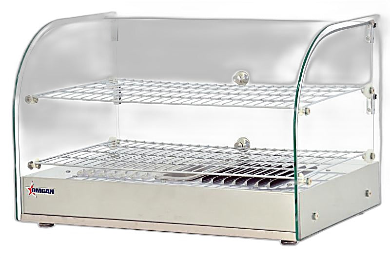 Omcan 22″ Countertop Display Warmer with Curved Glass Front – 1.59 Cu. Ft. (45L), 2-Shelf Full-Service Heated Merchandiser Display Case with Dual Rear Hinged Doors