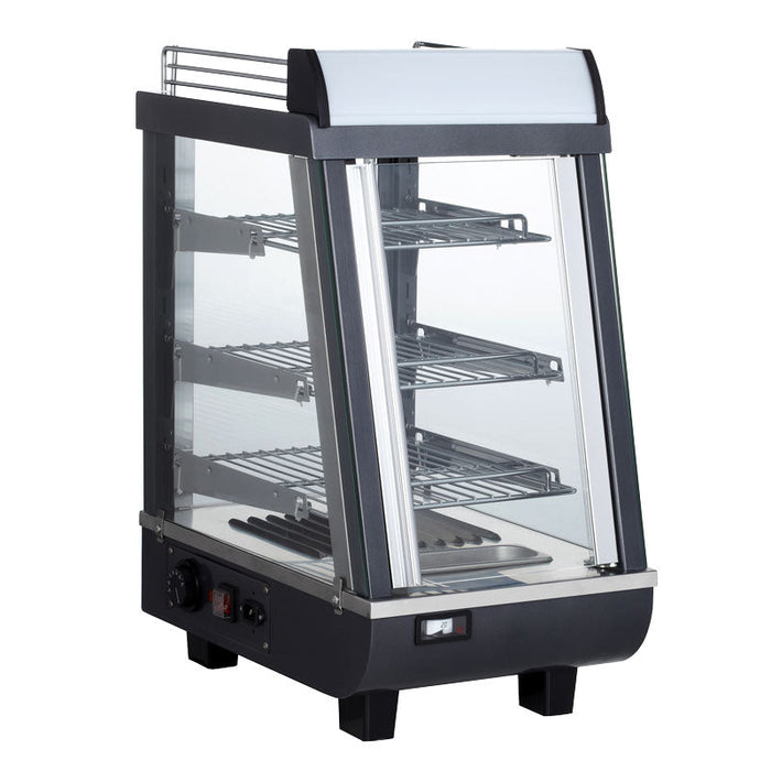 Omcan 13″ Countertop Display Warmer – 2.7 Cu. Ft. (76L), 3-Shelf Self-Service & Full-Service Heated Merchandiser Display Case with Sliding Doors