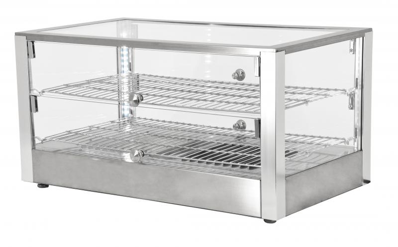 Omcan 28″ Countertop Display Warmer with Square Glass Front – 2.82 Cu. Ft. (80L) Two-Shelf Self-Service & Full-Service Heated Merchandiser Display Case