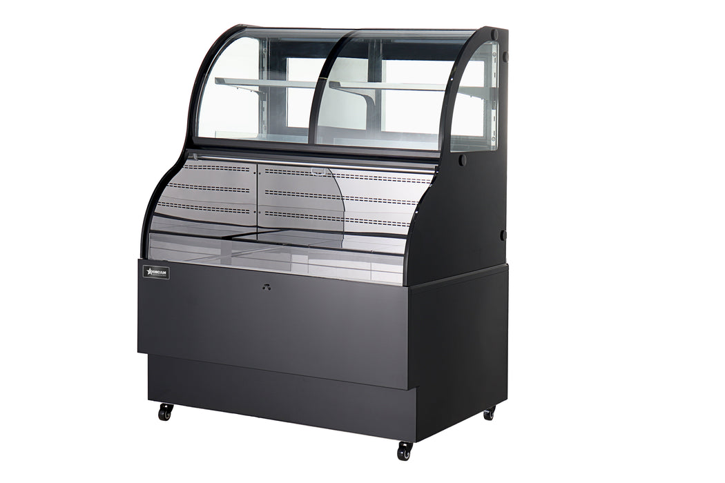 Omcan 36″ Open Refrigerated Floor Display Case – 12.5 Cu. Ft. (354L), One-Shelf Black Dual-Service Merchandising Display Cooler