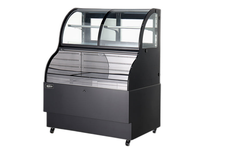 Omcan 36″ Open Refrigerated Floor Display Case – 12.5 Cu. Ft. (354L), One-Shelf Black Dual-Service Merchandising Display Cooler