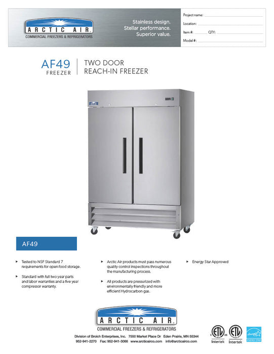 Arctic Air AF49 Two Section Reach-In Commercial Freezer - 49 Cu. ft.