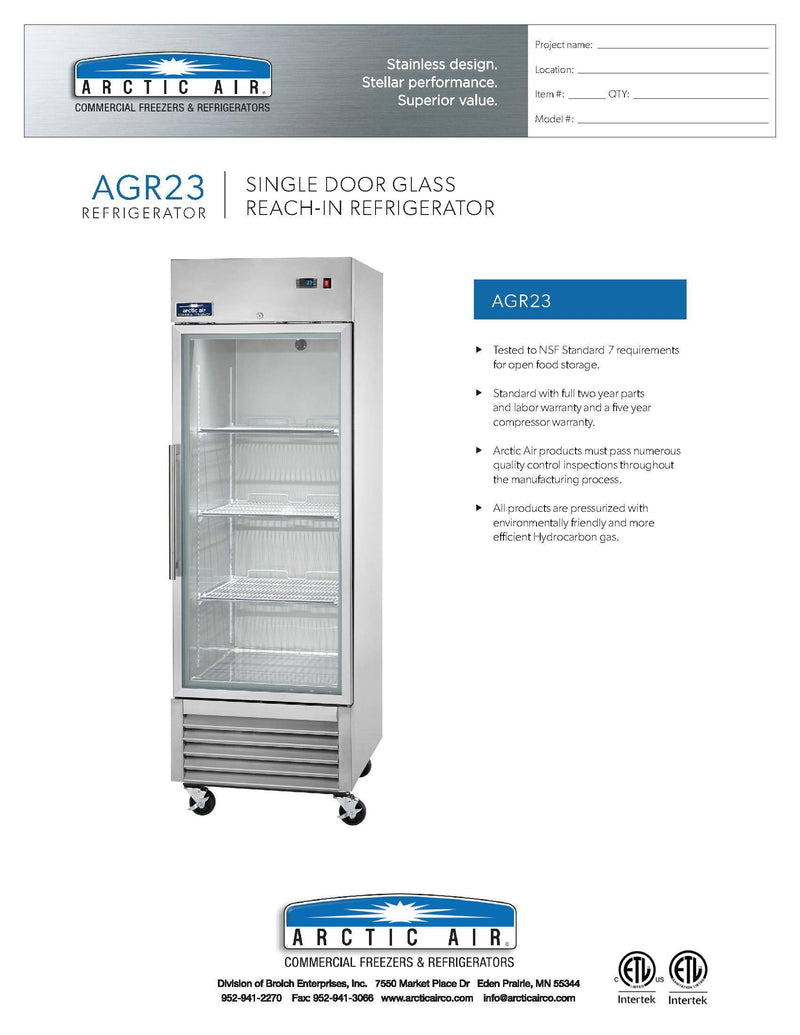 Arctic Air AGR23 27" One Section Glass Door Reach-In Refrigerator Bakery Wholesalers