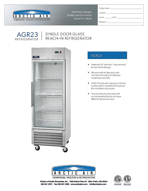 Arctic Air AGR23 27" One Section Glass Door Reach-In Refrigerator Bakery Wholesalers