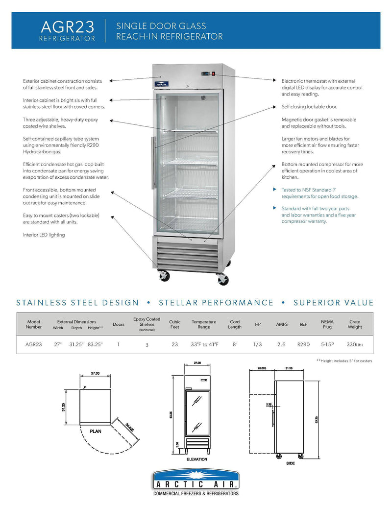 Arctic Air AGR23 27" One Section Glass Door Reach-In Refrigerator Bakery Wholesalers