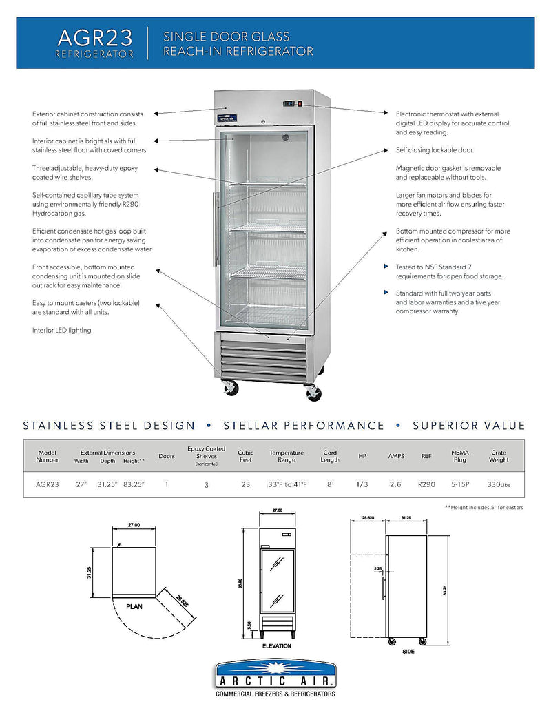 Arctic Air AGR23 27" One Section Glass Door Reach-In Refrigerator Bakery Wholesalers