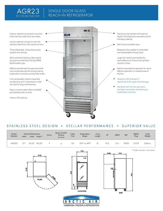 Arctic Air AGR23 Refrigerador de puerta de vidrio de una sección de 27"