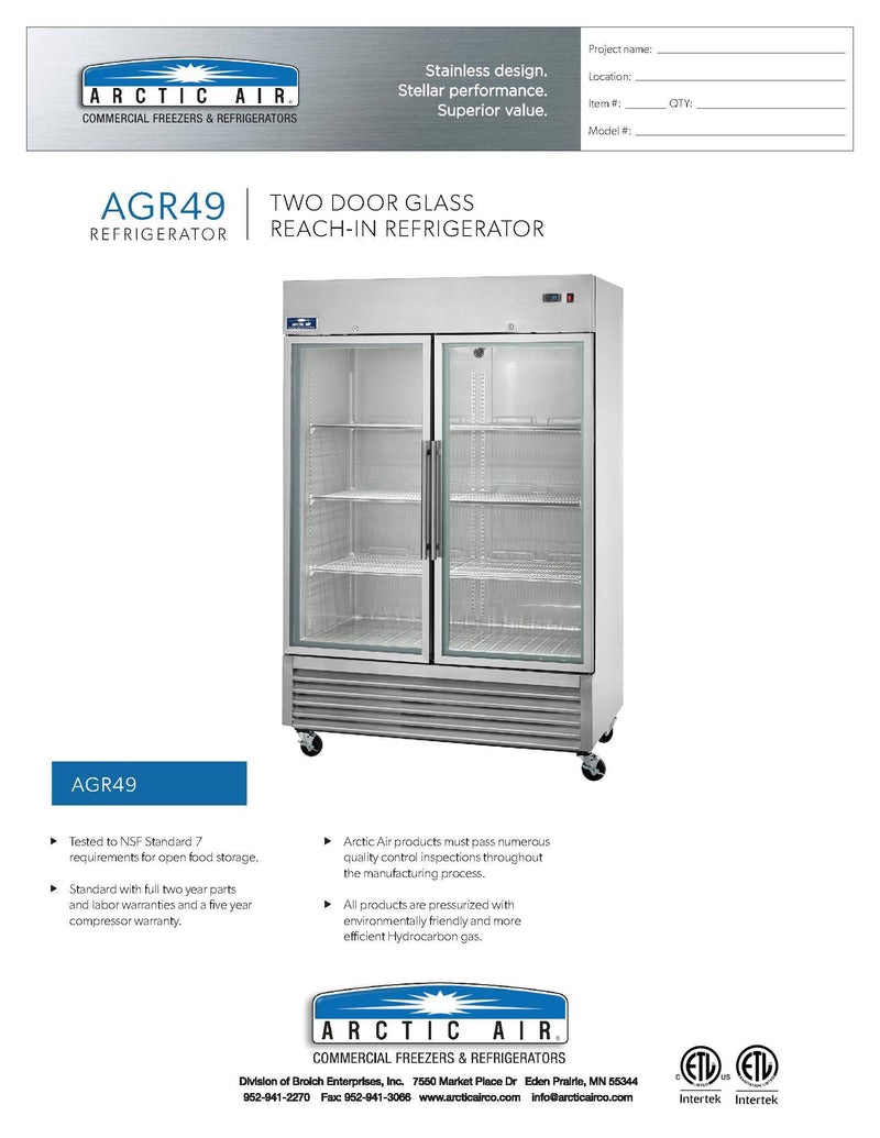 Arctic Air AGR49 54" Two Section Glass Door Reach-In Refrigerator Bakery Wholesalers