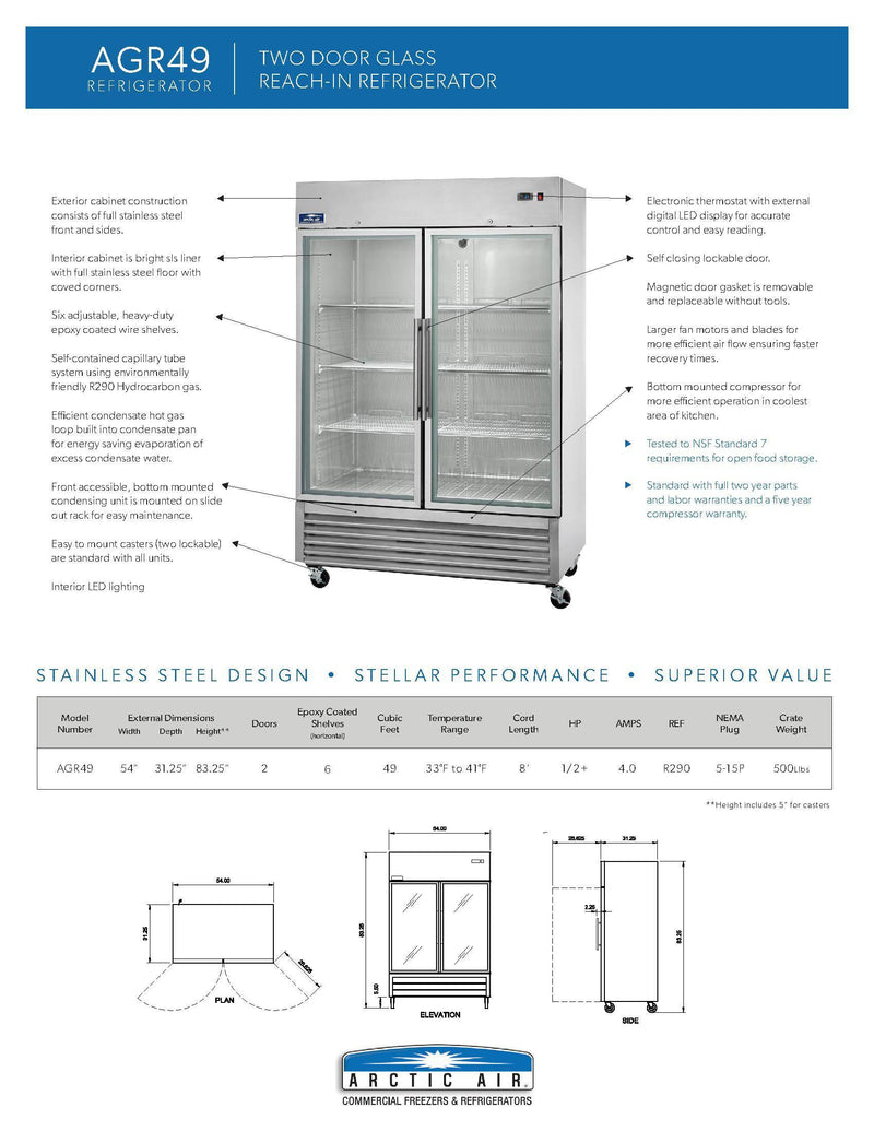 Arctic Air AGR49 54" Two Section Glass Door Reach-In Refrigerator Bakery Wholesalers