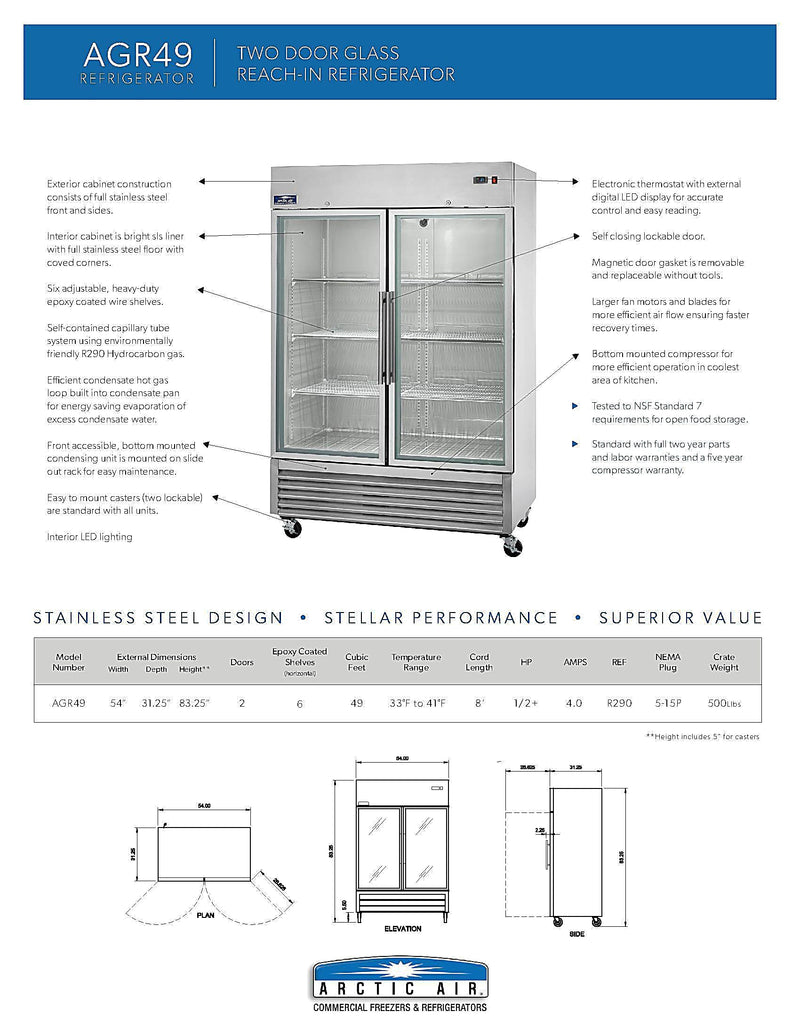 Arctic Air AGR49 54" Two Section Glass Door Reach-In Refrigerator Bakery Wholesalers