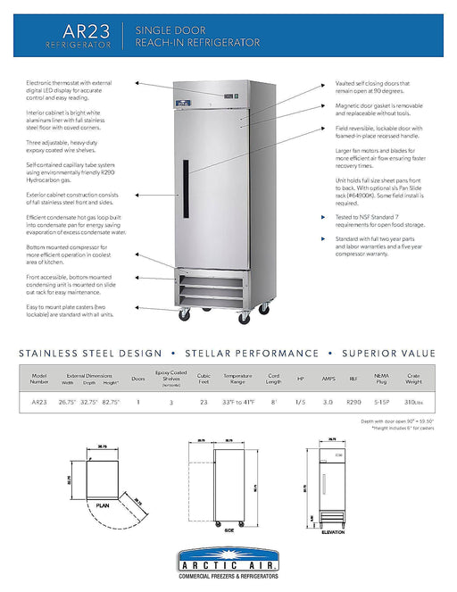 Arctic Air AR23 1 Door Reach-In Refrigerator Bakery Wholesalers