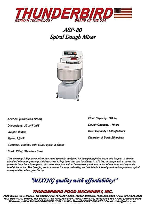 80 Quart (175lb. dough capacity) Thunderbird Planetary Mixer ASP-80 Bakery Wholesalers
