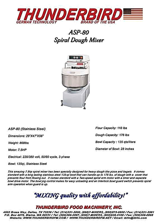 80 Quart (175lb. dough capacity) Thunderbird Planetary Mixer ASP-80 Bakery Wholesalers