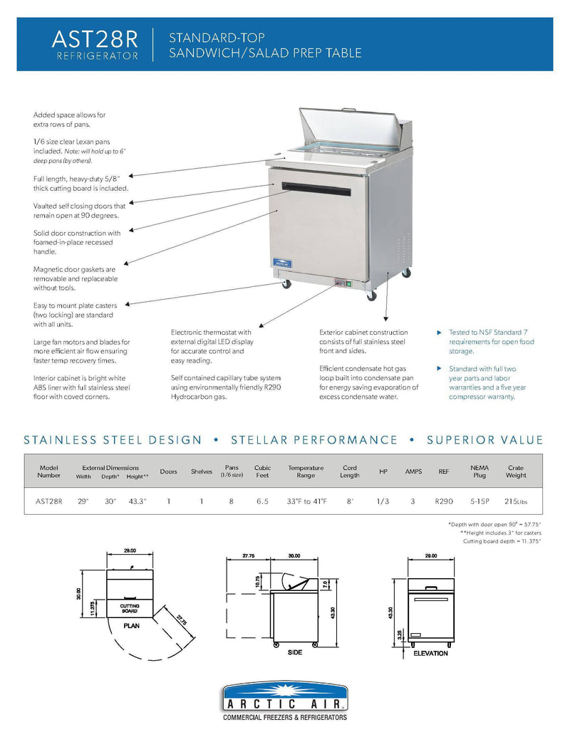 Arctic Air AST28R One Door Sandwich / Salad Prep Refrigerator Bakery Wholesalers