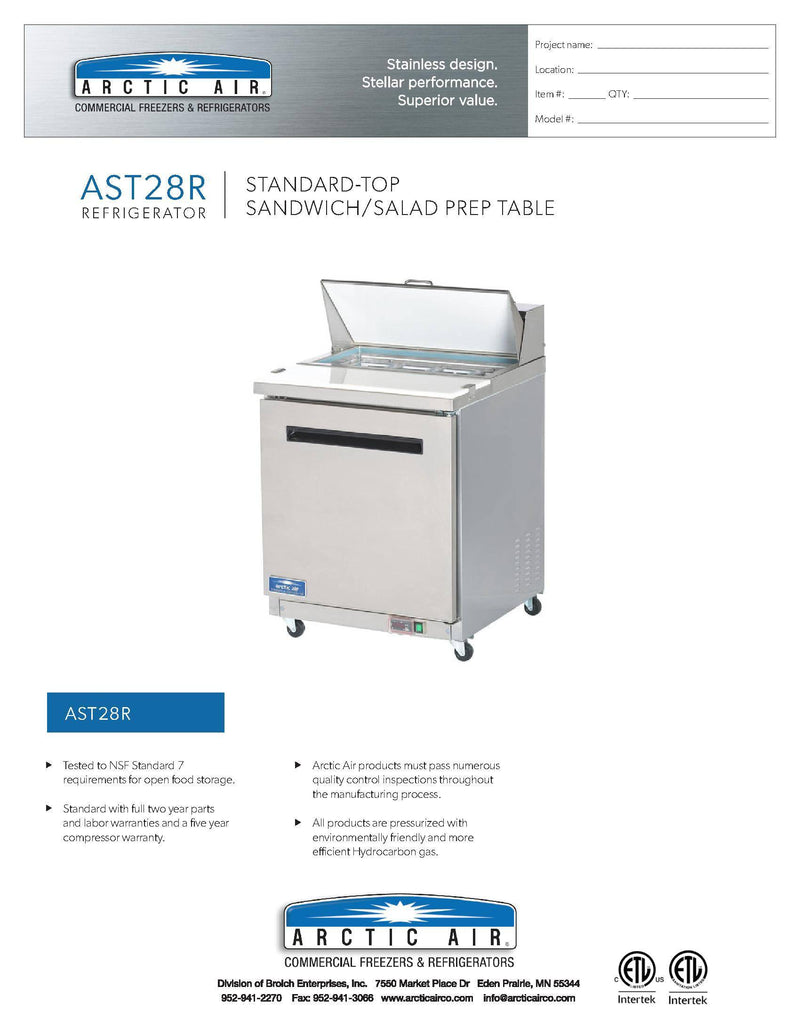 Arctic Air AST28R One Door Sandwich / Salad Prep Refrigerator Bakery Wholesalers
