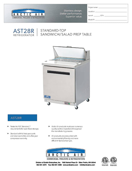 Arctic Air AST28R One Door Sandwich / Salad Prep Refrigerator Bakery Wholesalers