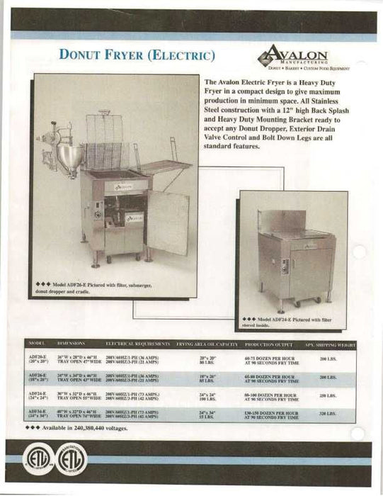 Avalon (ADF34-E) Donut Fryer 34" X 24", Electric (3 phase) Right Side Drain Board with Submerge Screen Bakery Wholesalers