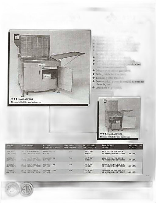 Avalon PROPANE GAS FRYER, STANDING PILOT, Left Side Drain Board with Submerge Screen Bakery Wholesalers