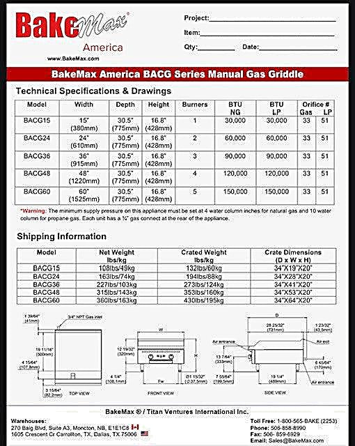 BakeMax America BACG Series Manual Gas Griddle (5 sizes) Bakery Wholesalers
