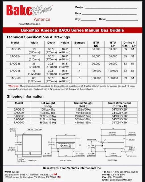 BakeMax America BACG Series Manual Gas Griddle (5 sizes) Bakery Wholesalers